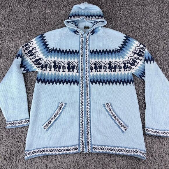 Alpaca Cardigan Sweater Womens Size XL Hooded Full Zip Made in Peru Blue Shacket - Picture 1 of 8